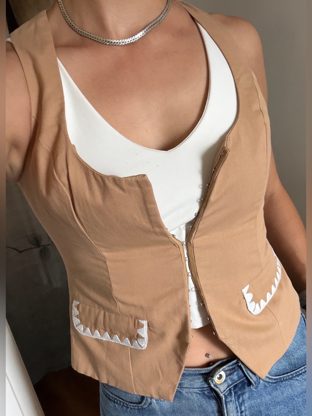 Mon Renn brand Camel Beige Vest with White Trim-size small